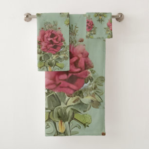 Elegant Victorian Red Rose Pattern Bath Towel Set