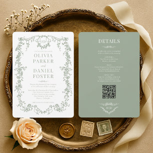 Elegant Victorian Sage Green QR Code Wedding Invitation
