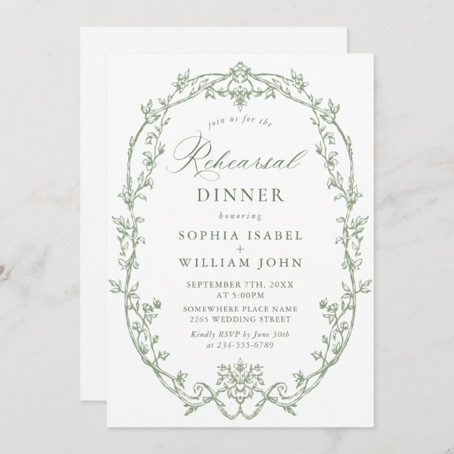 Elegant Victorian Sage Green Rehearsal Dinner Invitation (Front/Back)