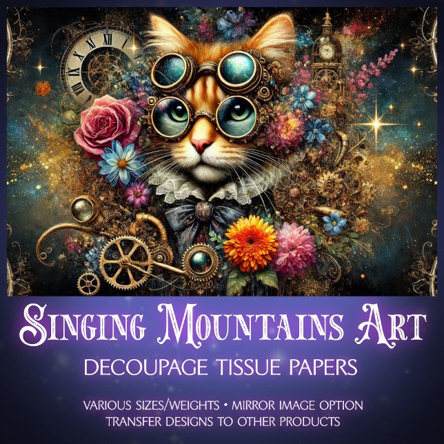 Elegant Victorian Steampunk Tabby Cat Decoupage  Tissue Paper (Creator Uploaded)