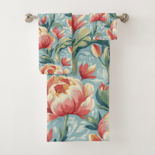 Elegant Victorian Style Floral Peonies Tulips Bath Towel Set