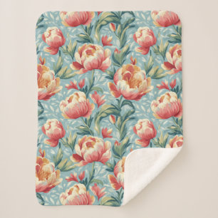 Elegant Victorian Style Floral Peonies Tulips Sherpa Blanket