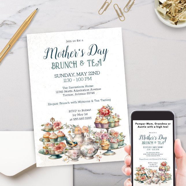 Elegant Victorian Tea Party Brunch Event Invitation (Elegant tea party invitation with vintage floral greenery and victorian aesthetics)