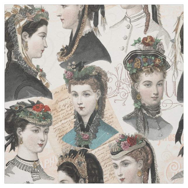 Elegant Victorian Vintage Women in Hats Fabric (Swatch)