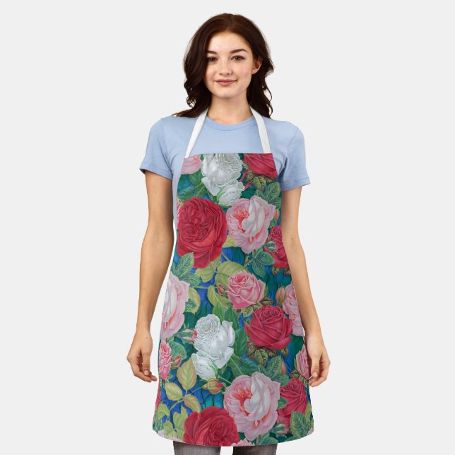Elegant Victorian Watercolor Red and Pink Roses | Apron (Worn)