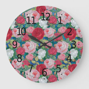 Elegant Victorian Watercolor Red and Pink Roses   Large Clock