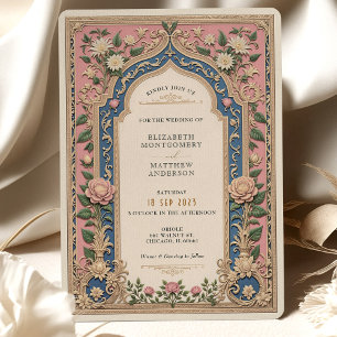 Elegant Victorian Wedding Pink & Blue Florals Invitation