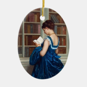 Elegant Victorian Woman Reading in Library  Ceramic Tree Decoration
