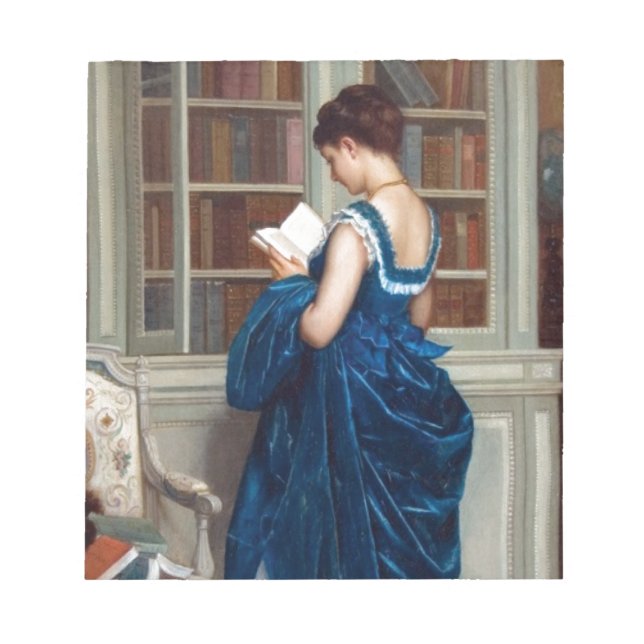 Elegant Victorian Woman Reading in Library  Notepad (Front)