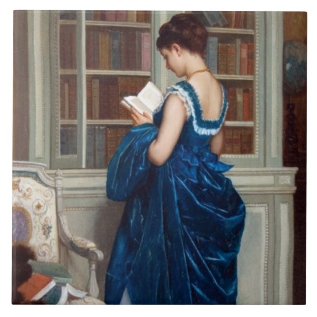 Elegant Victorian Woman Reading in Library  Tile (Front)