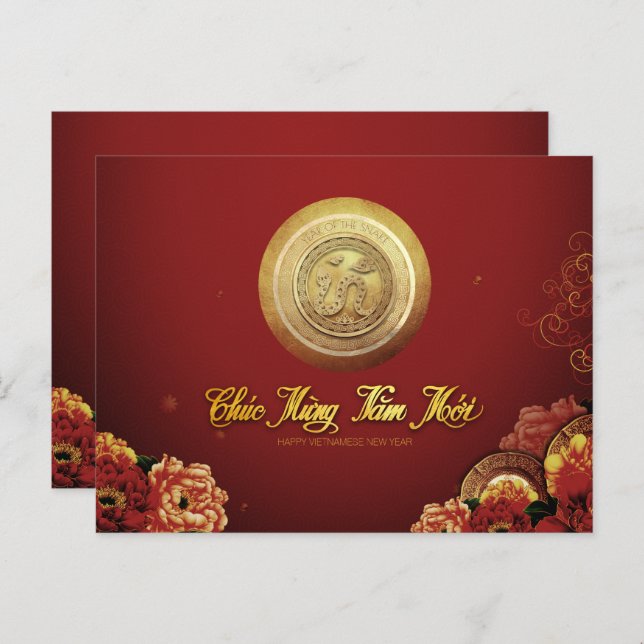 Elegant Vietnamese Snake New Year 2025 Peonies HPc Holiday Postcard (Front/Back)