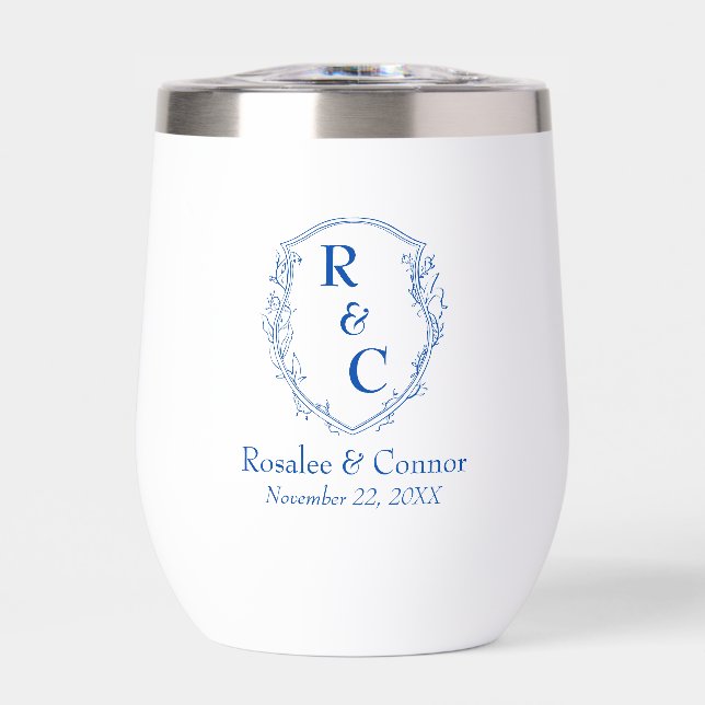 Elegant Vine Crest Couple Monogram + Date Cobalt (Front)