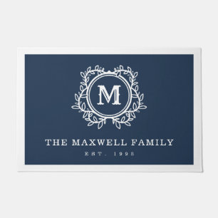Elegant Vines Navy Blue White Monogram Doormat