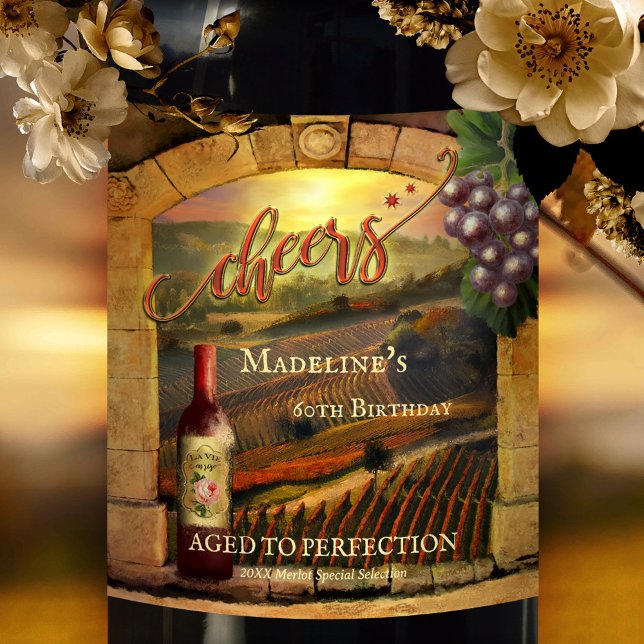 Elegant Vineyard Art Cheers Birthday Wine Label (Creator Uploaded)