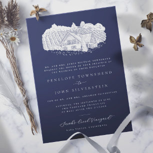 Elegant Vineyard Drawing Navy Blue Formal Wedding  Invitation