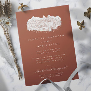 Elegant Vineyard Illustration Burnt Orange Wedding Invitation