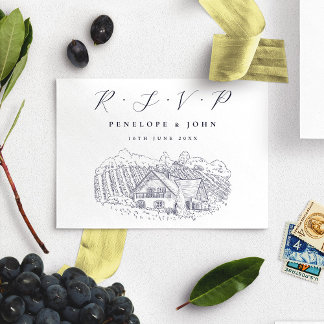 Elegant Vineyard Illustration Destination Wedding RSVP Card