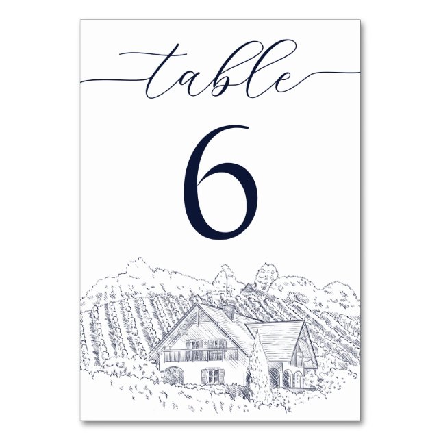 Elegant Vineyard Illustration Destination Wedding Table Number (Front)
