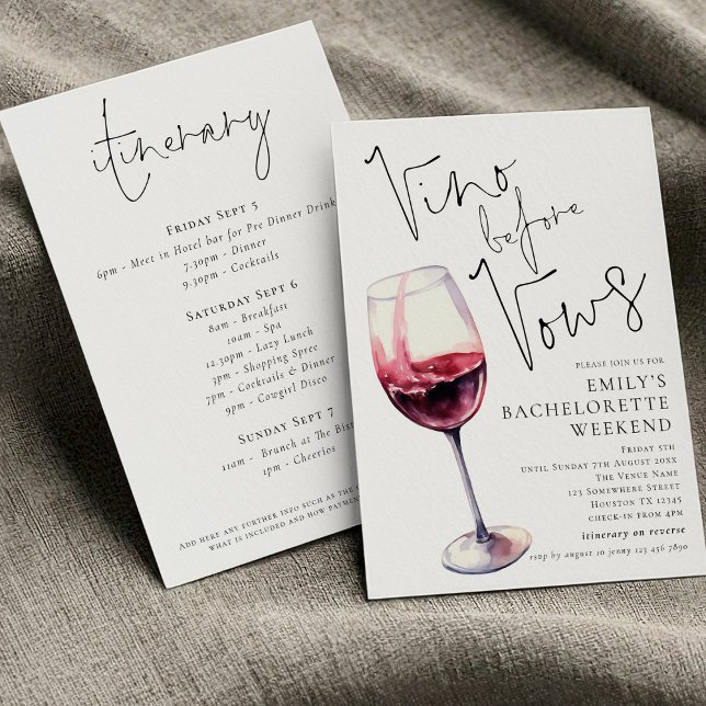Elegant Vino Before Vows Bachelorette Weekend Invitation (Front and back view)