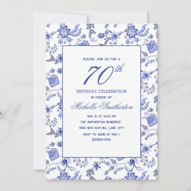 Elegant Vintage Antique Blue Floral 70th  Invitation (Front)