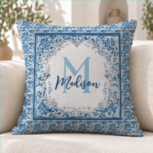 Elegant Vintage Aqua Blue Floral Monogram Cushion