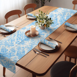 Elegant Vintage Aqua Blue Toile De Jouy Scene Short Table Runner
