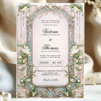 Elegant Vintage Art Nouveau White Floral Wedding Invitation