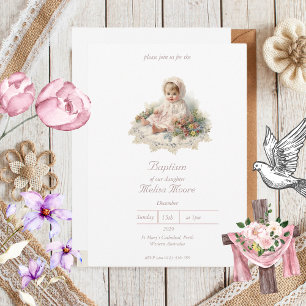 Elegant Vintage Baby Girl Baptism Invitation