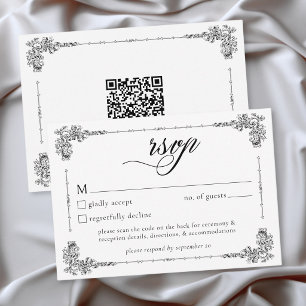 Elegant Vintage Baroque Black White Wedding QR RSVP Card