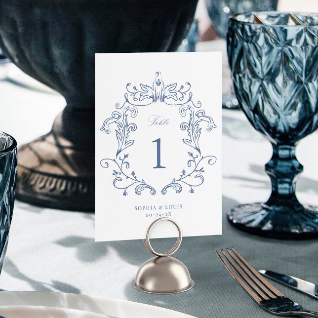 Elegant Vintage Baroque Crest Blue Wedding Table Number (Creator Uploaded)