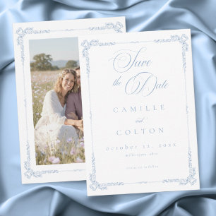 Elegant Vintage Baroque Dusty Blue Wedding Photo Save The Date