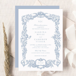 Elegant Vintage Baroque Floral Blue Frame Wedding Invitation