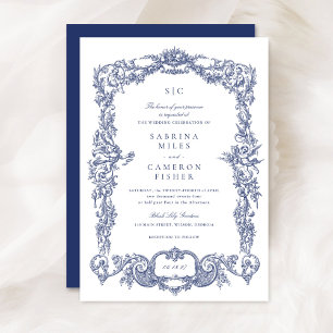 Elegant Vintage Baroque Floral Navy Frame Wedding Invitation