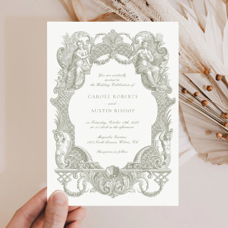 Elegant Vintage Baroque Floral Sage Frame Wedding Invitation