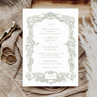 Elegant Vintage Baroque Floral Sage Frame Wedding Invitation
