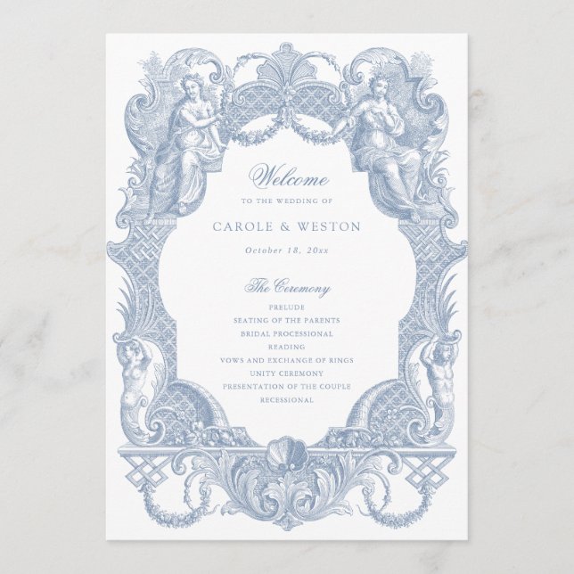 Elegant Vintage Baroque Frame Blue Toile Wedding Programme (Front)