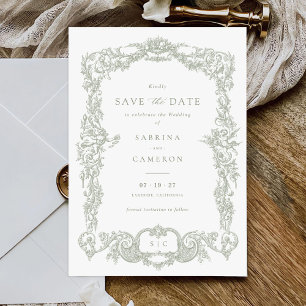 Elegant Vintage Baroque French Sage Save the Date Invitation