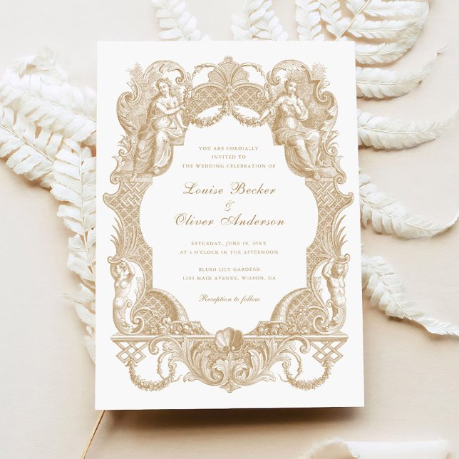Elegant Vintage Baroque Gold Toile Frame Wedding Invitation (Creator Uploaded)