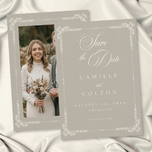 Elegant Vintage Baroque Neutral Tan Ivory Photo Save The Date