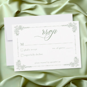 Elegant Vintage Baroque Sage Green Wedding RSVP Card