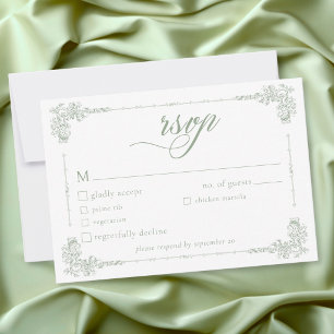 Elegant Vintage Baroque Sage Green Wedding RSVP Card