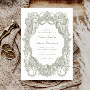 Elegant Vintage Baroque Sage Toile Frame Wedding Invitation