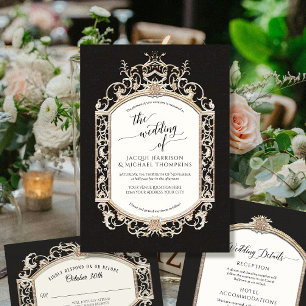 Elegant Vintage Baroque Victorian Black White Gold Invitation