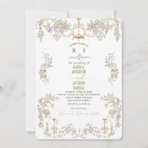 Elegant Vintage Baroque Watercolor Wedding Flowers Invitation