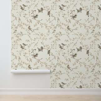 Elegant Vintage Beige Bird and Branch Pattern Wallpaper