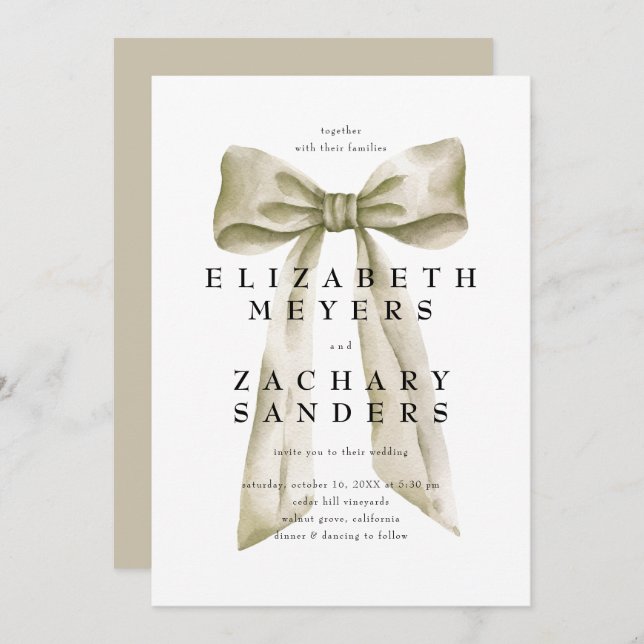 Elegant Vintage Beige Bow Wedding Invitation (Front/Back)
