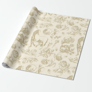 Elegant Vintage Beige Gold Horse Floral Pattern Wrapping Paper