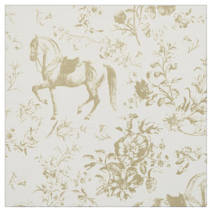 Elegant Vintage Beige Gold Horse Floral Toile Fabric