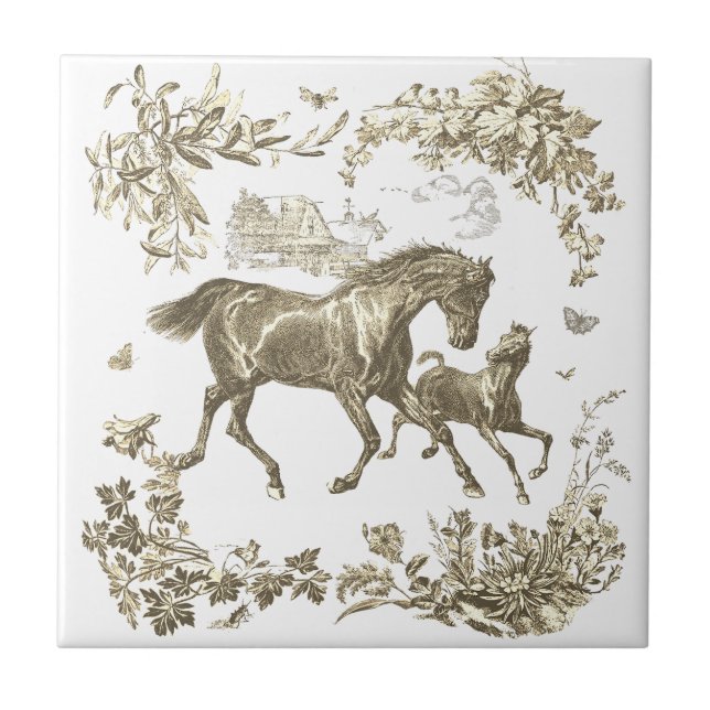 Elegant Vintage Beige Horses Floral Tile (Front)