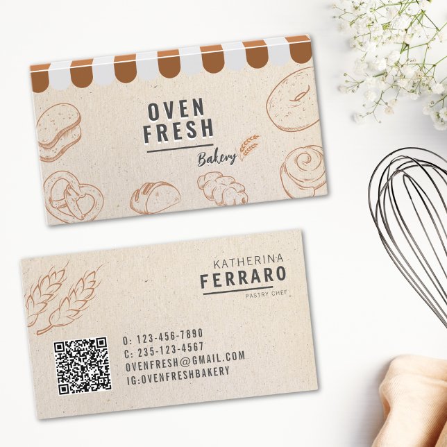 Elegant Vintage Beige QR Code Bakery Business Card (Creator Uploaded)